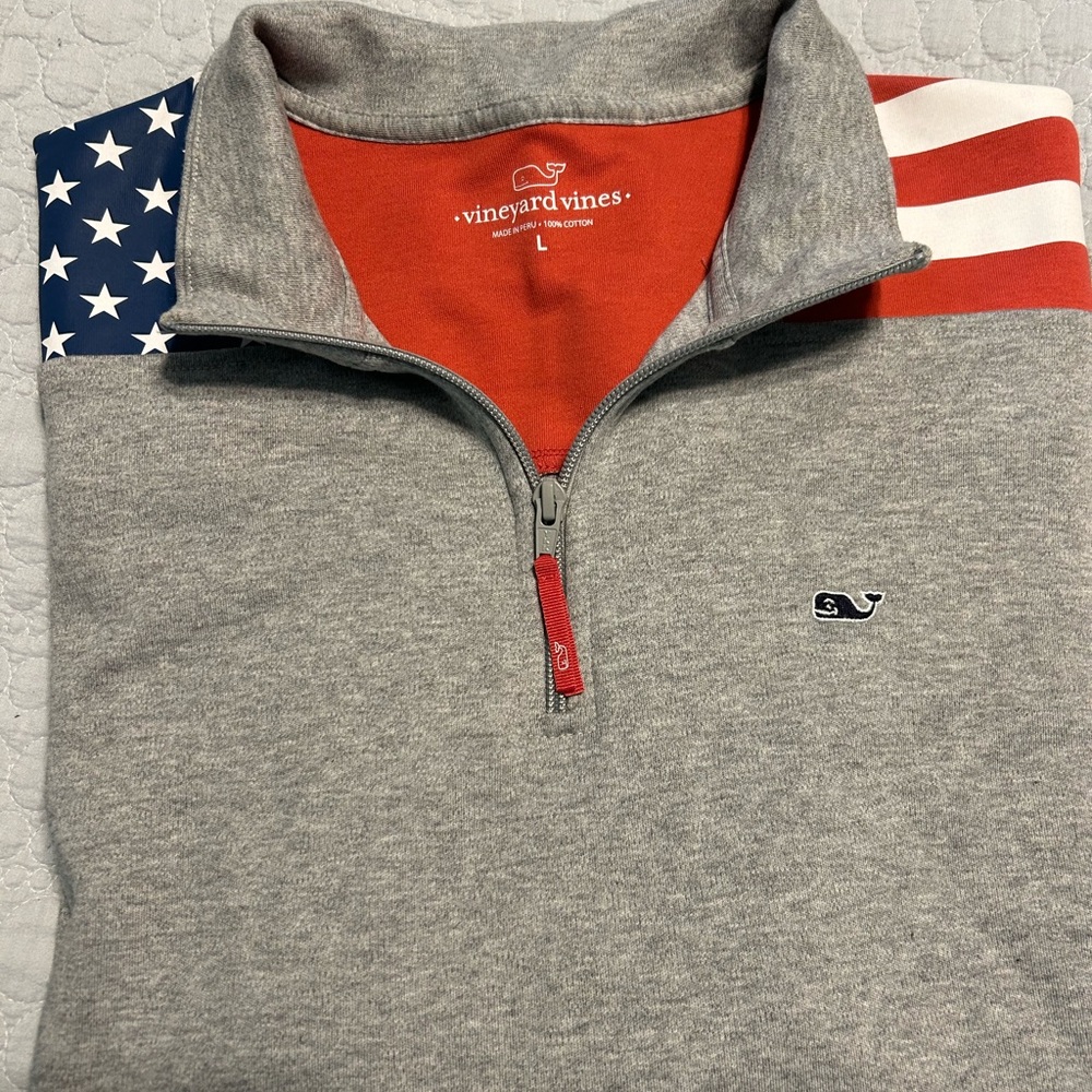 Vineyard Vines Gray and Red Quarter-Zip with Flag Accents